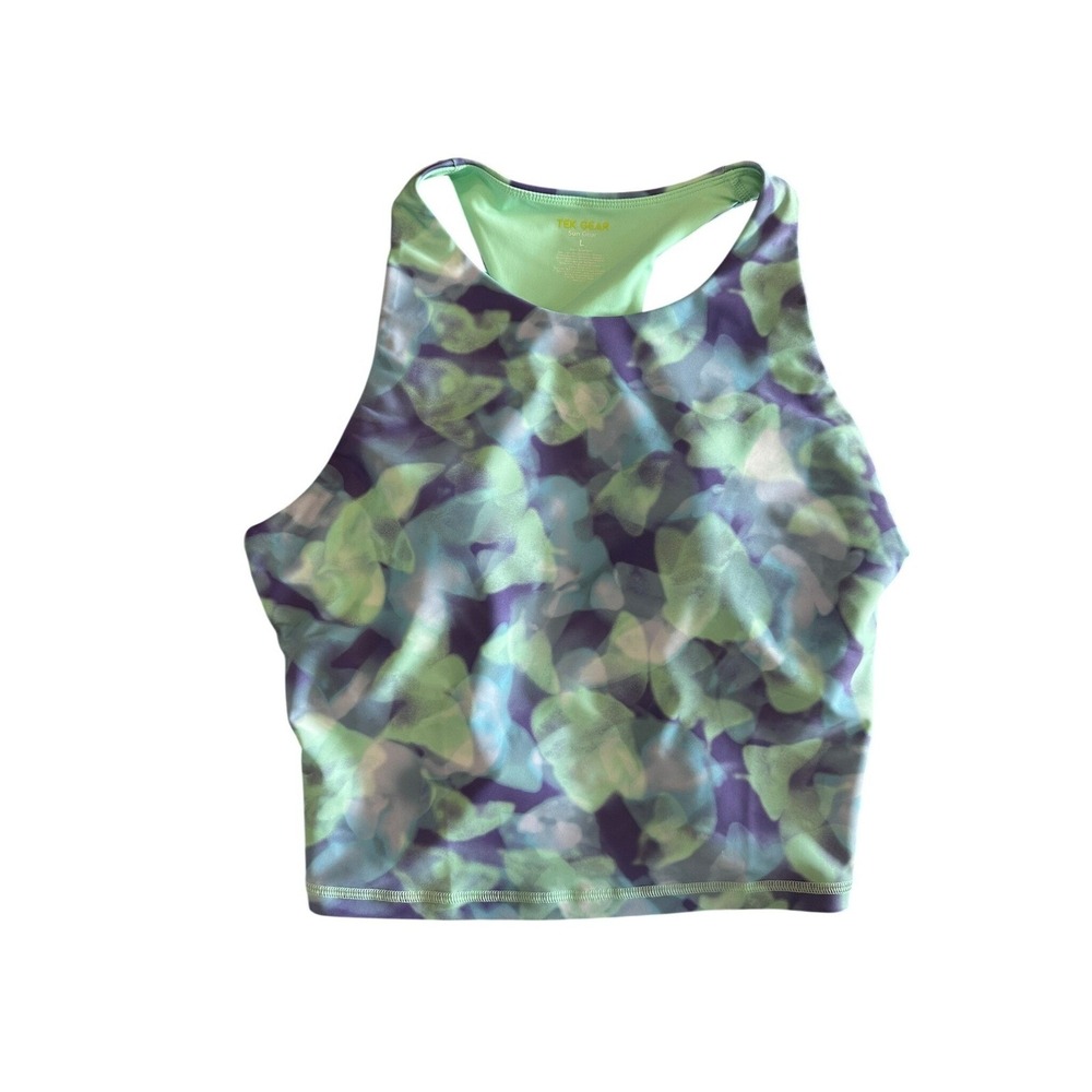 Tek Gear Sun Gear Women L Green Purple Abstract High Neck Crop Tank Top UPF 40+